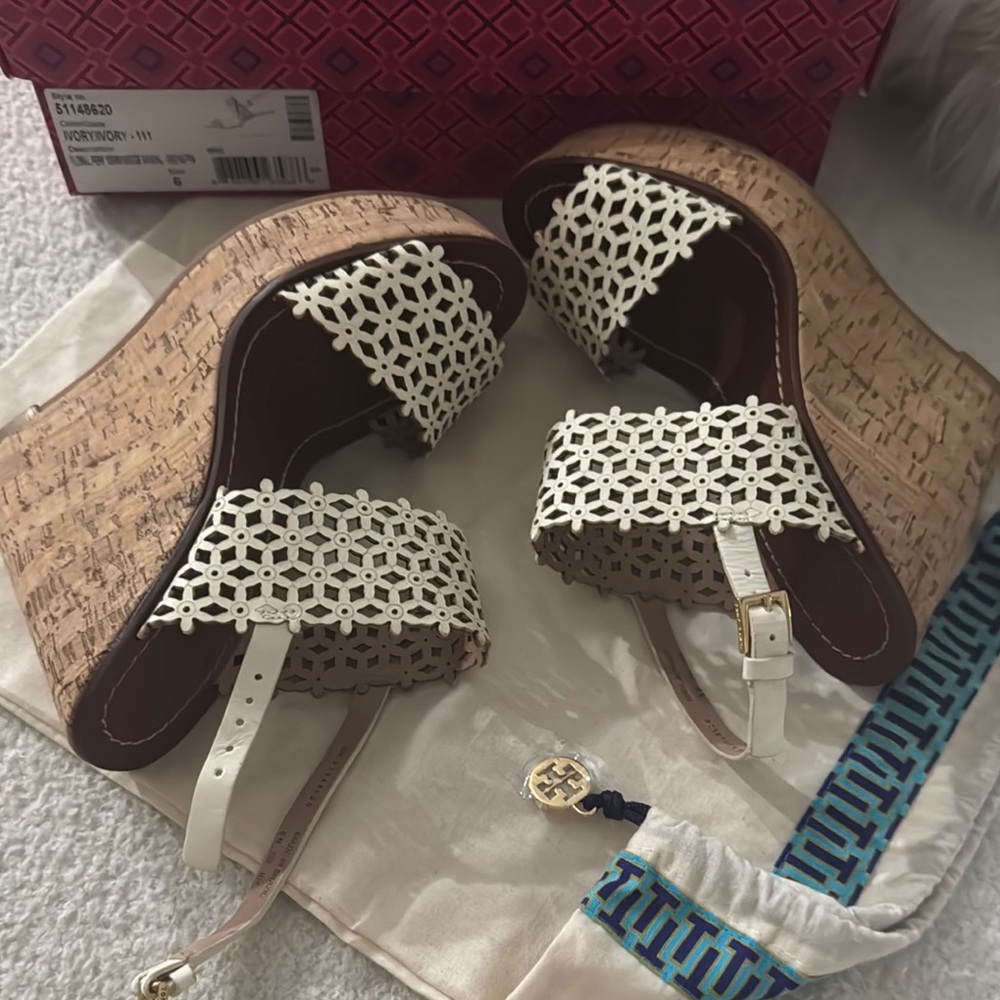 Tory Burch Cream and Brown Wedge Shoes